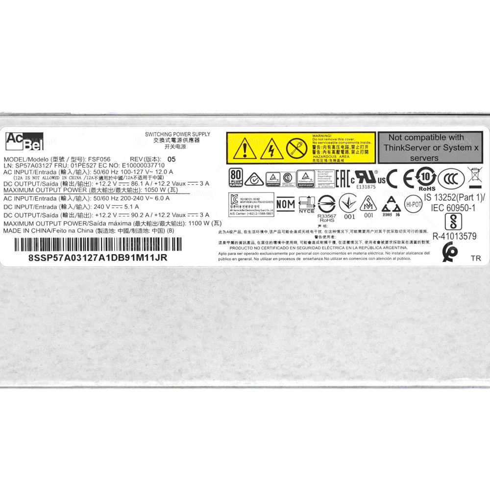 01PE527  LENOVO 1100W 80 PLUS PLATINUM POWER SUPPLY FOR THINKSYSTEM SR650 M5