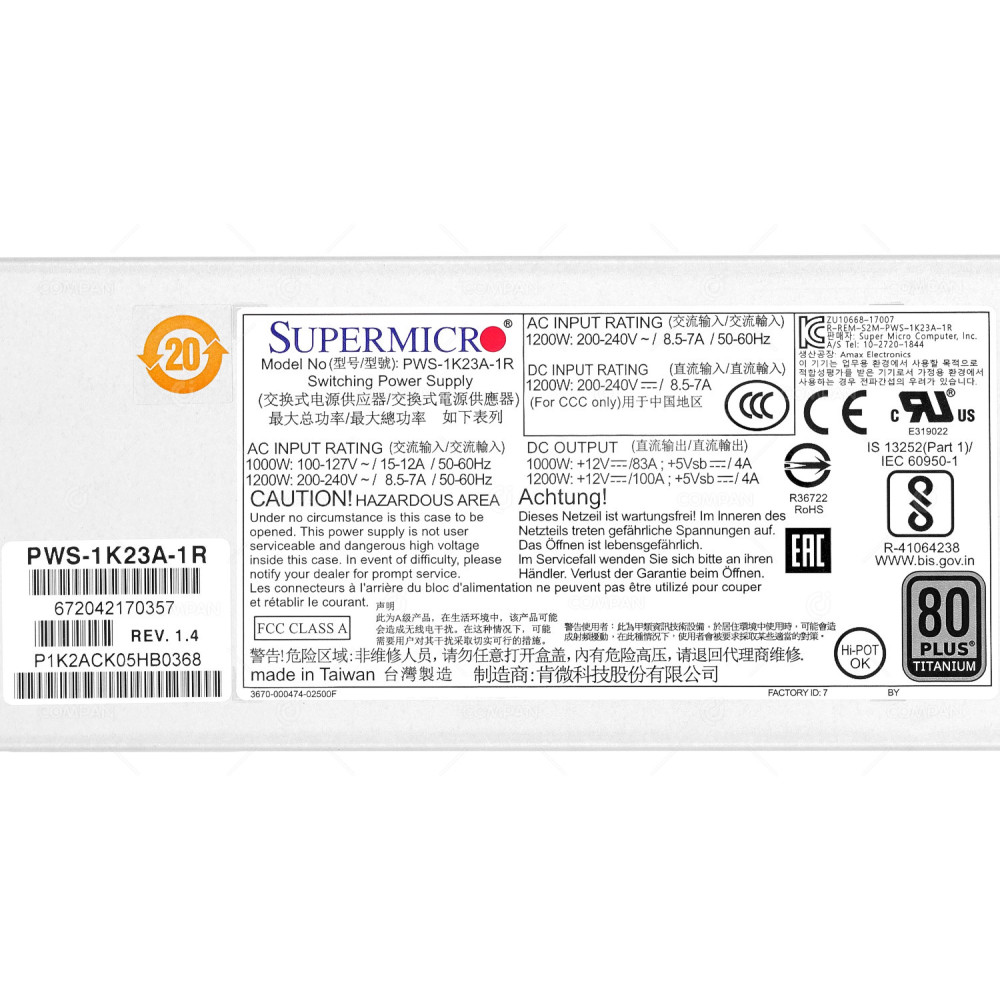 PWS-1K23A-1R  SUPERMICRO 80 PLUS TITANIUM 100-127/200-240V 1200W POWER SUPPLY FOR AS-2113S-WN24RT AS-2113S-WTRT SSG-927R-E2CJB SSG-937R-E2CJB SSG-947R-E2CJB SSG-2028R-DE2CR24L SSG-2029P-ACR24H SSG-2029P-AC