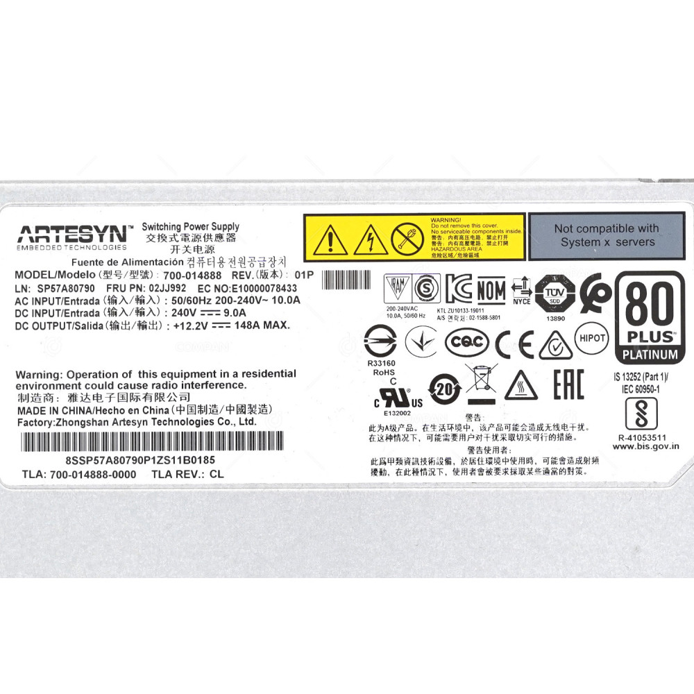 02JJ992  LENOVO 1800W 12.2V 148A  80 PLUS PLATINUM SWITCHING POWER SUPPLY FOR SR630 SR635 SR645 SR655 SR650 SR670 SR850 SR860