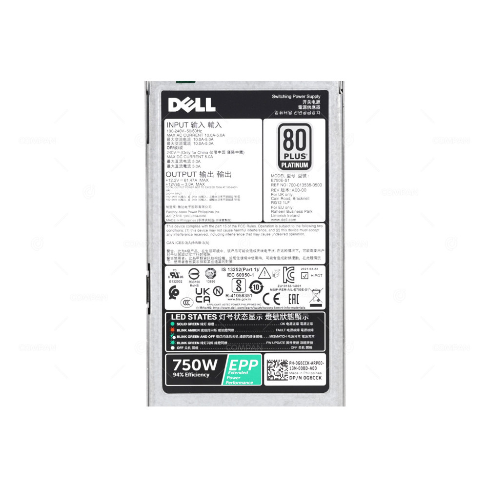G6CCK  DELL 750W 80 PLUS PLATINUM POWER SUPPLY FOR R630 R640 R730 R740 T430 T440 T630  T640