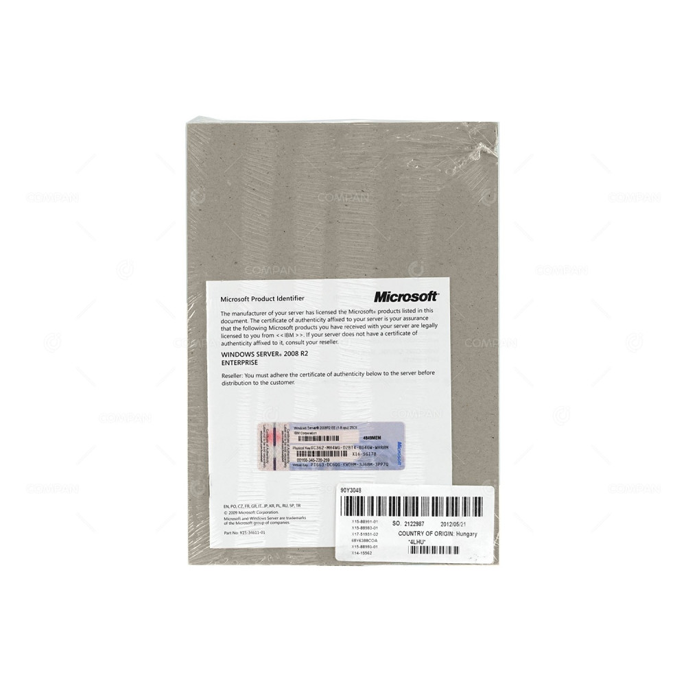 90Y3048 CLIENT ACCES LICENSES CAL FOR MICROSOFT WINDOWS SERVER 2008 R2 ENTERPRISE (1-8 CPU, 25 CAL) X15-34611-01, 4849MEM
