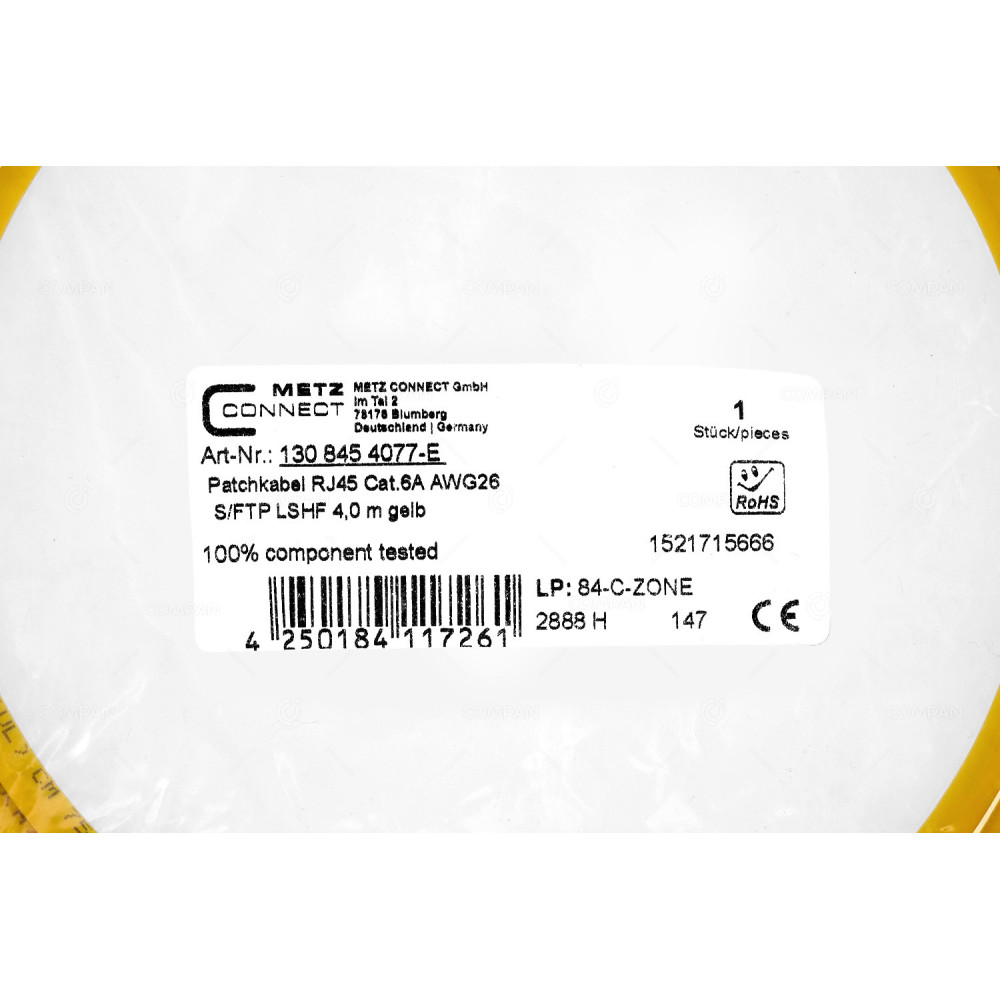 4250184117261 METZ CONNECT PATCHCORD RJ45 CAT.6A AWG26 4M YELLOW