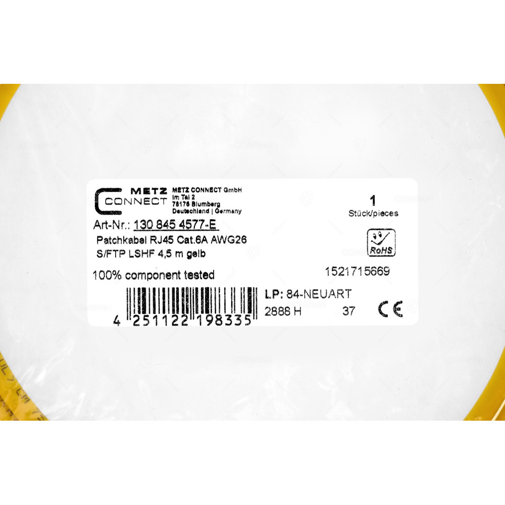 4251122198335  METZ CONNECT PATCHCORD RJ45 CAT.6A AWG26 4.5M YELLOW