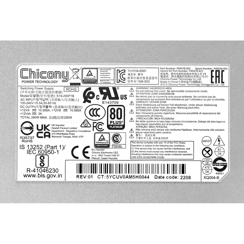 P48436-001  HP POWER SUPPLY 290W 80 PLUS PLATINUM 240V FOR DL20 G10
