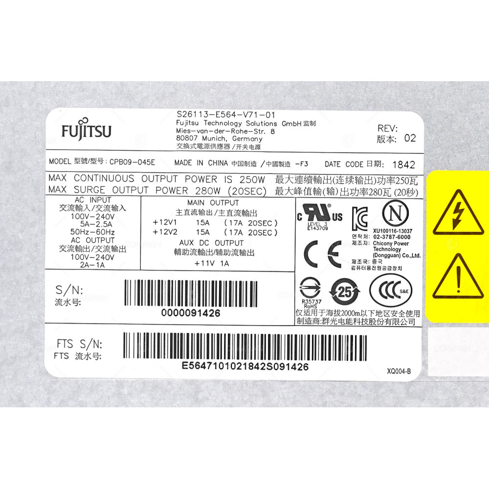 S26113-E564-V71-01  FUJITSU POWER SUPPLY 280W 240V FOR TX1320 M3