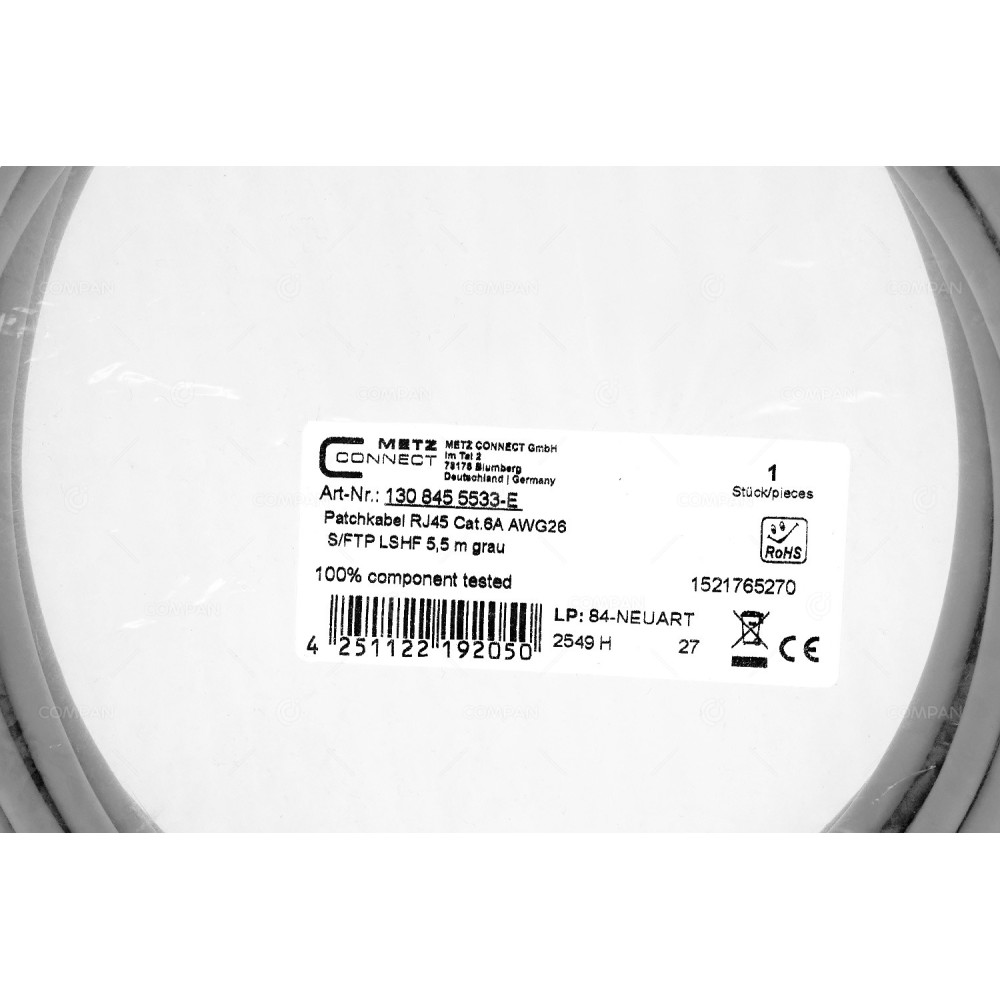 4251122192050  METZ CONNECT PATCHCORD RJ-45 CAT.6A AWG26 5.5M GREY