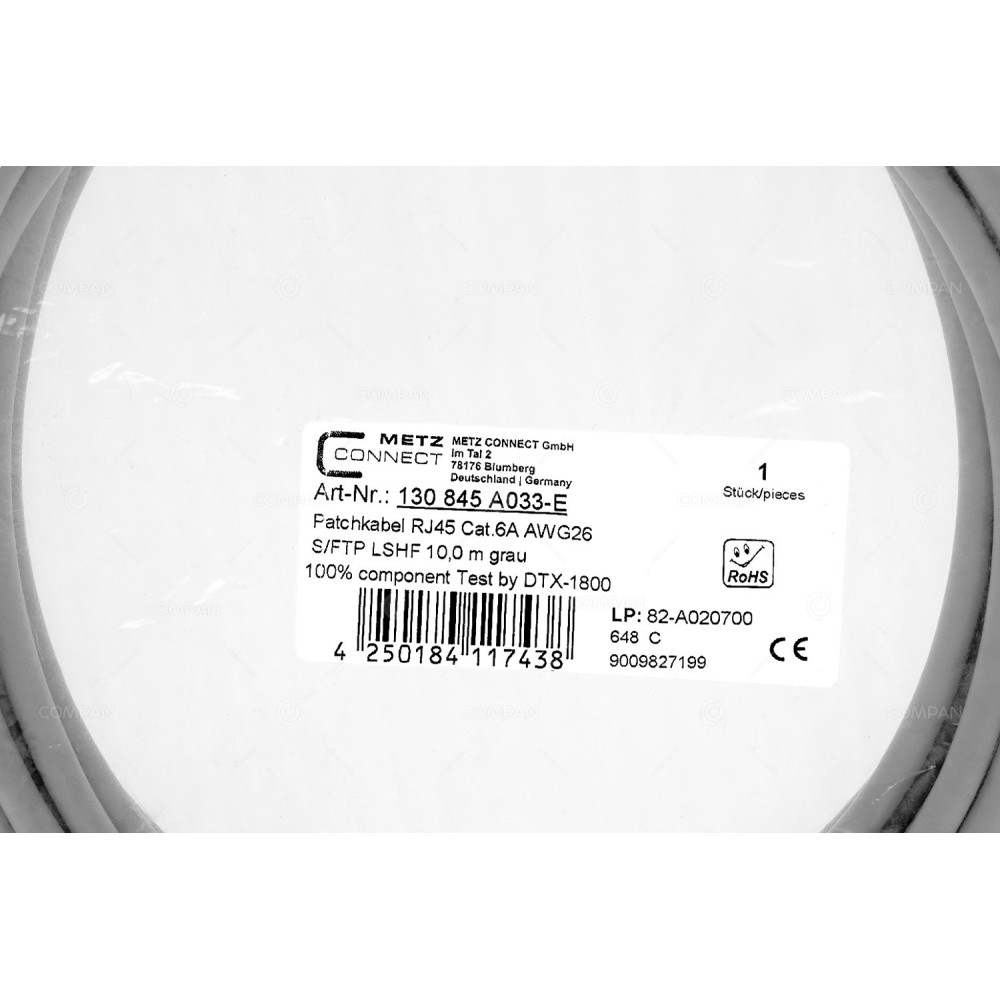4250184117438  METZ CONNECT PATCHCORD RJ-45 CAT.6A AWG26 10M GREY