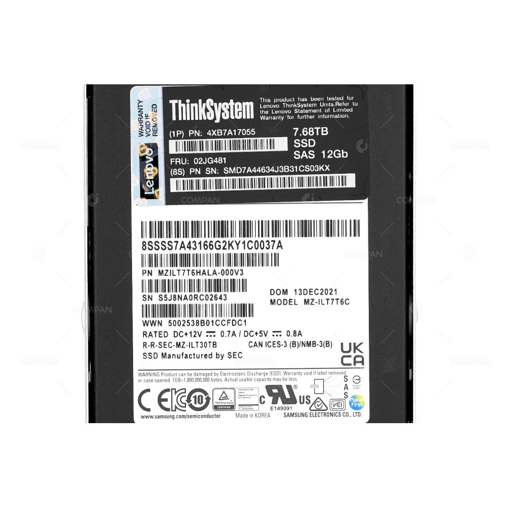 02JG481  LENOVO SSD 7.68TB SAS 12G 2.5" SFF SSD FOR LENOVO THINKSYSTEM SR630 V2