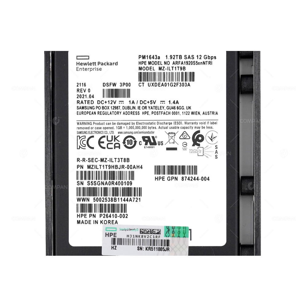 P37645-001  HP SSD 1.92TB SAS 12G 2.5" SFF FOR 3PAR STORESERV 8000 M6710
