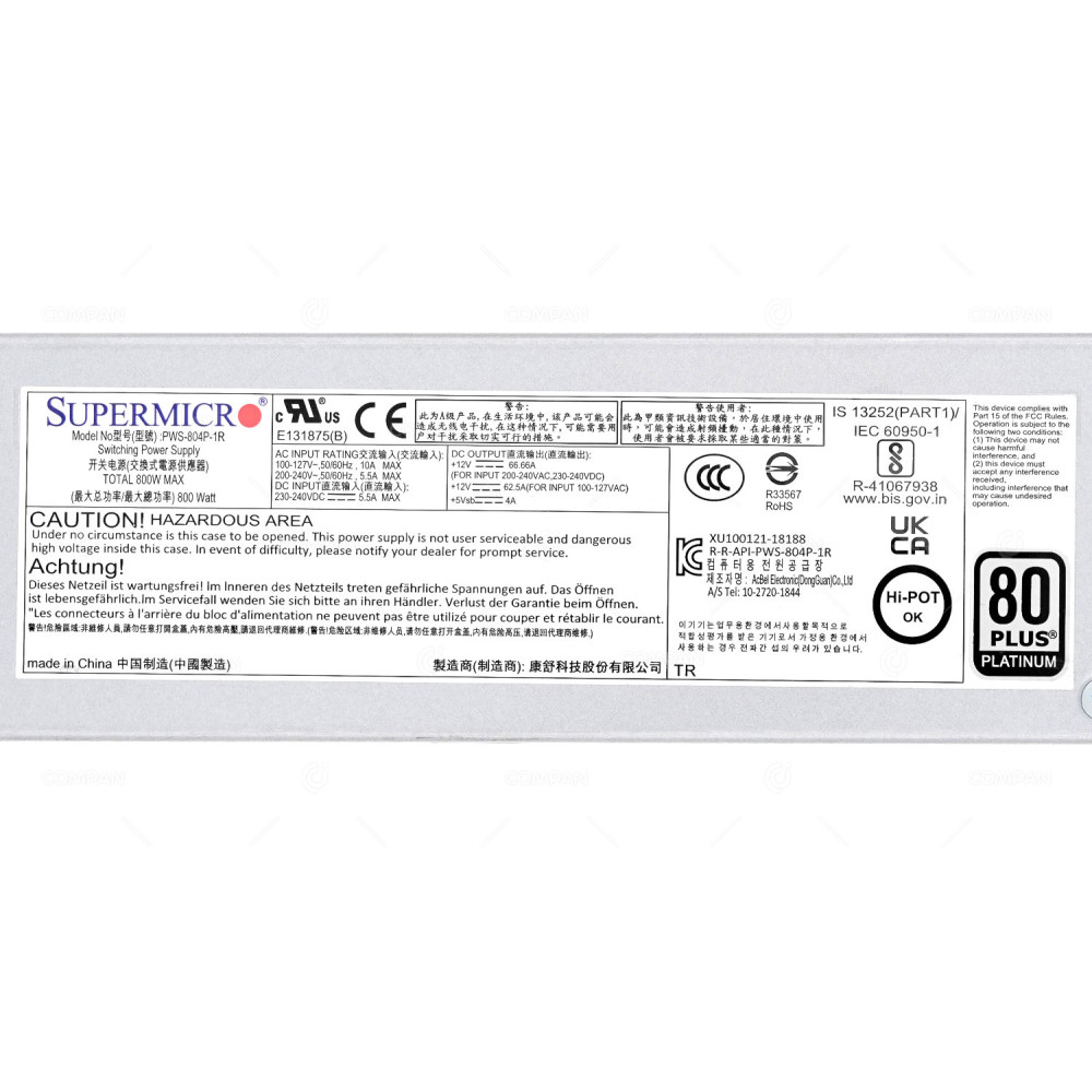 PWS-804P-1R  SUPERMICRO 800W 80 PLUS PLATINUM SWITCHING POWER SUPPLY FOR CLOUDIAN HSA-1610